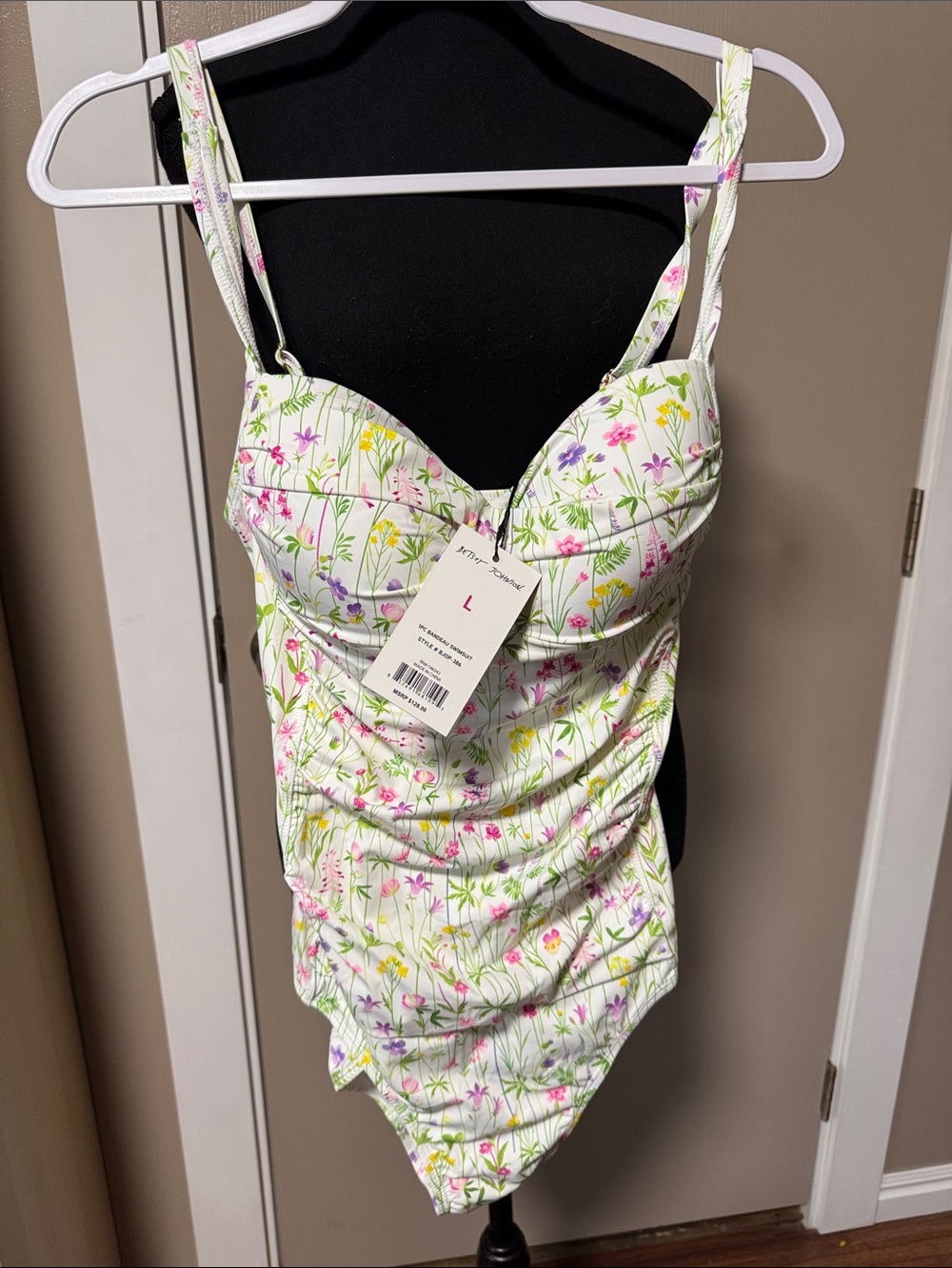 Betsey Johnson White One-Piece Swimsuit with Pink, Purple & Yellow Floral Print